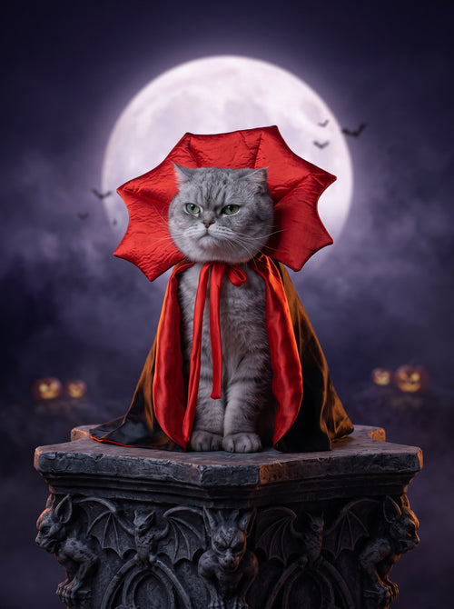 Vampire King pet cape on a gray cat in front of a full moon on a gothic pedestal
