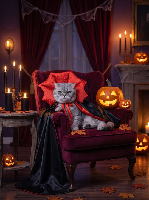 Gray cat in the Vampire King cape on a velvet armchair in a gothic Halloween room