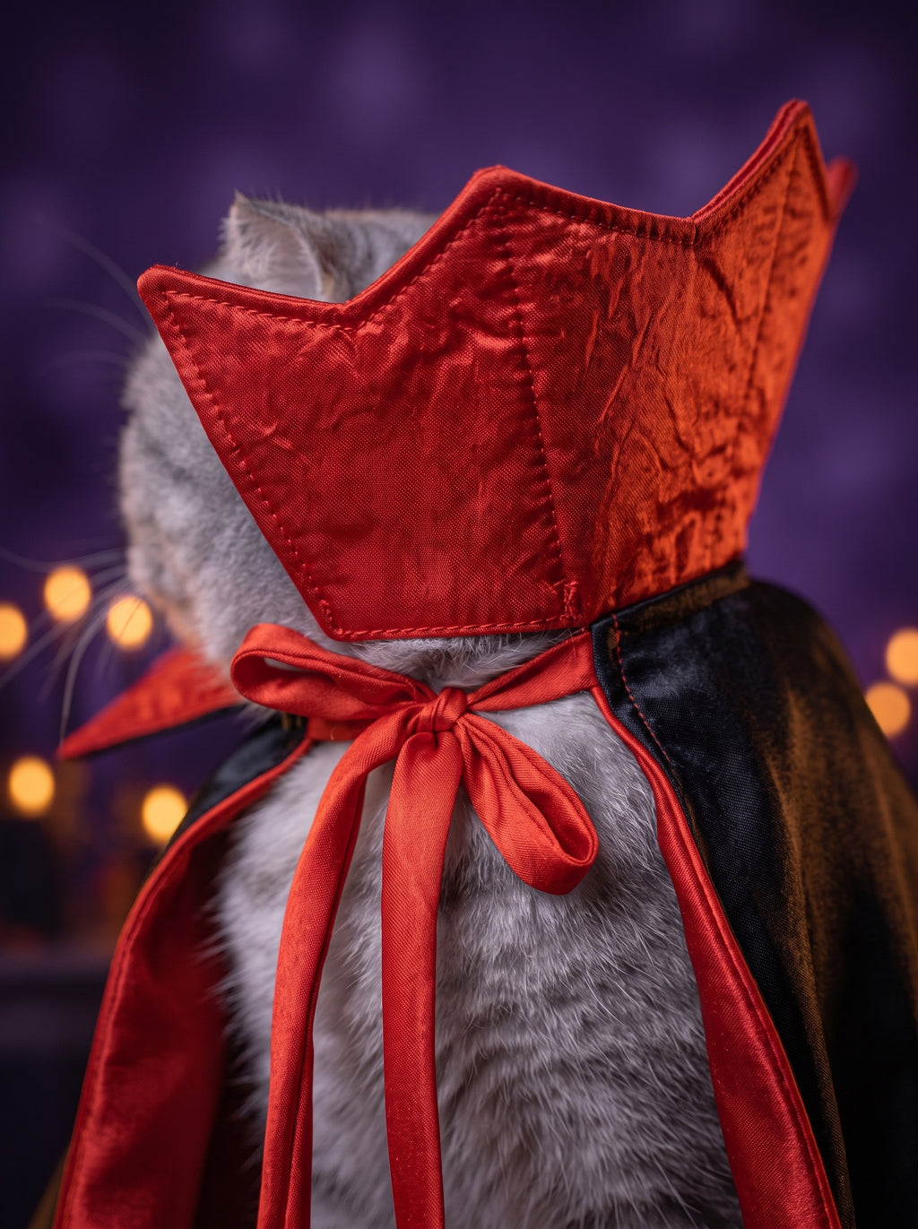 Close-up of the red satin collar and ribbon tie of the Vampire King cape