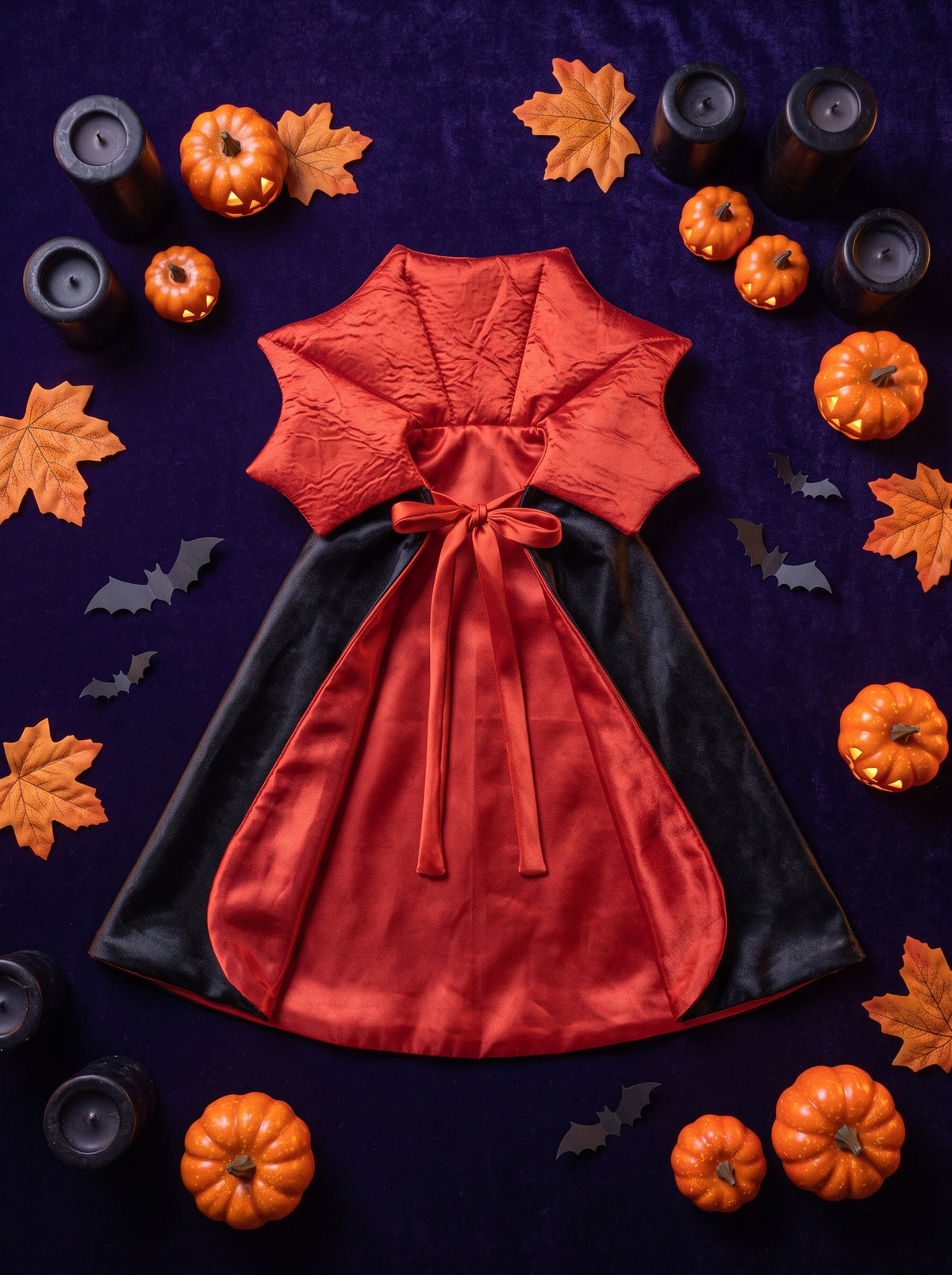 Vampire King pet cape flat lay with pumpkins, candles and bats