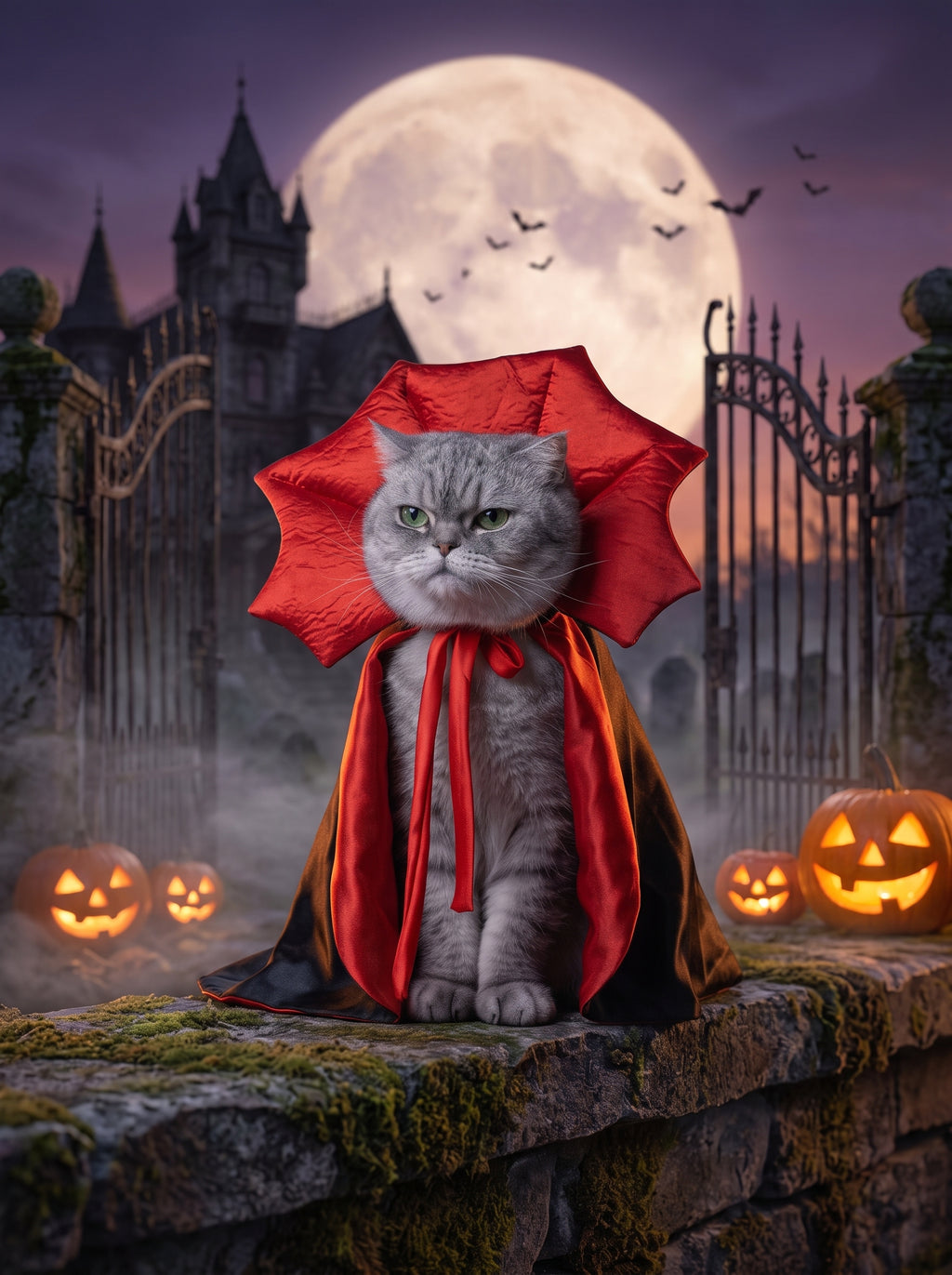 Cat wearing the Vampire King cape at a gothic cemetery gate at dusk