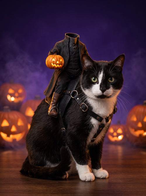 Headless Horseman cat costume on a black and white cat with glowing pumpkins on a purple Halloween background