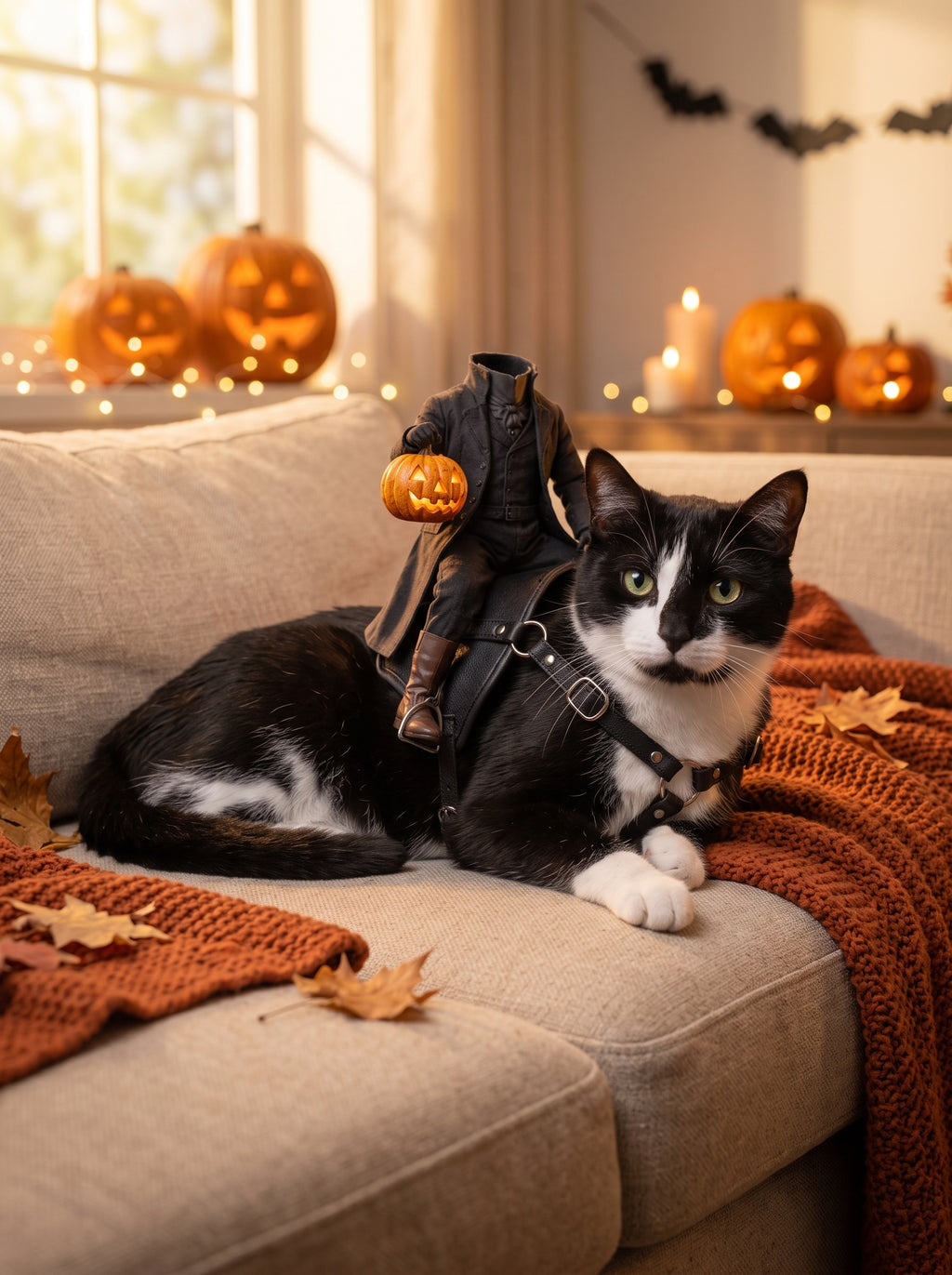 Cat wearing the Headless Horseman costume in a cozy Halloween living room