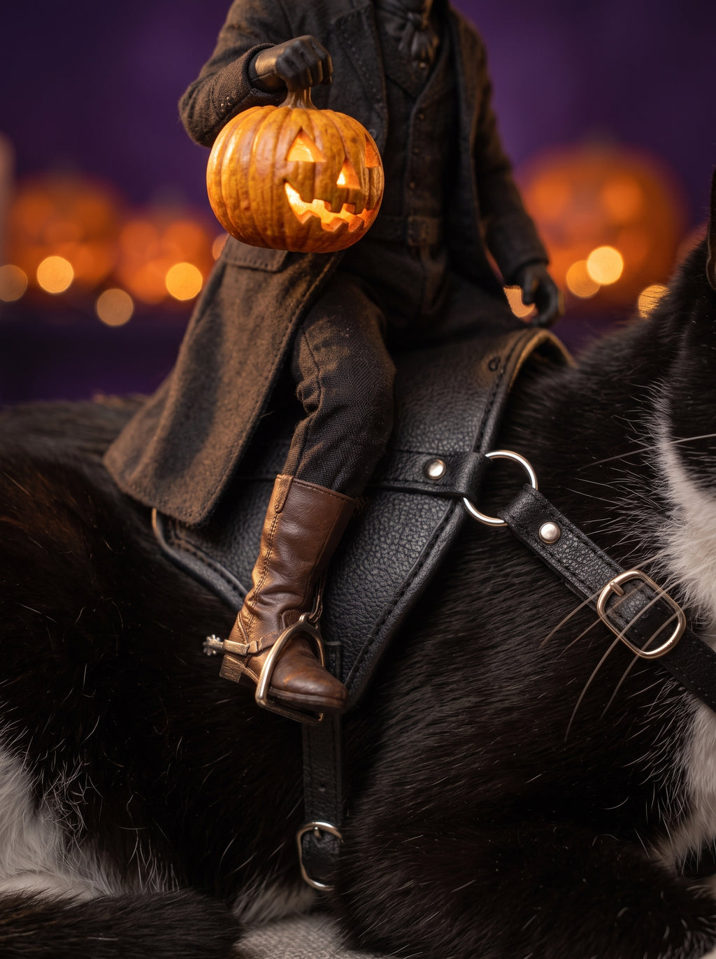 Close-up of the Headless Horseman rider, saddle straps and buckles