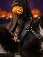 Close-up of the Headless Horseman rider, saddle straps and buckles
