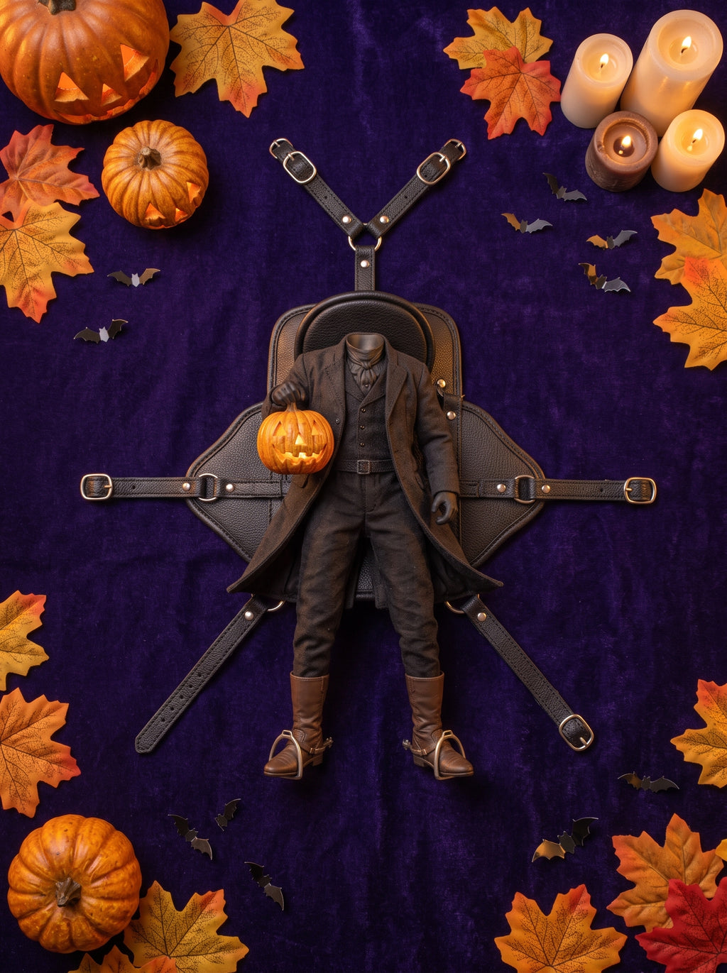 Headless Horseman cat costume flat lay with pumpkins, leaves and candles