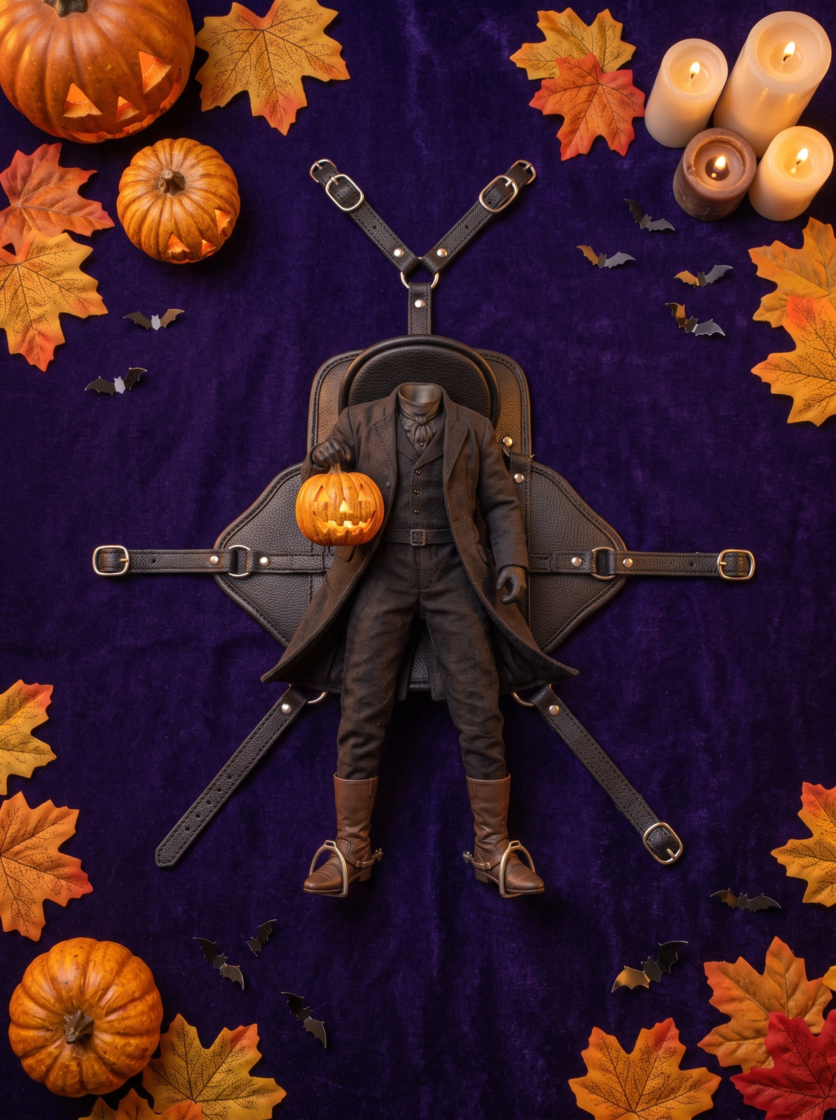 Headless Horseman cat costume flat lay with pumpkins, leaves and candles