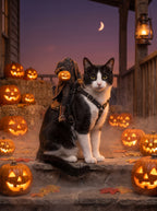 Cat in the Headless Horseman costume on a Halloween porch at dusk