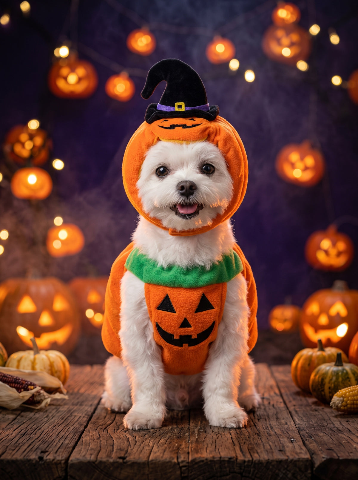 Orange pumpkin vest and hood with witch hat on a small white dog against a Halloween backdrop