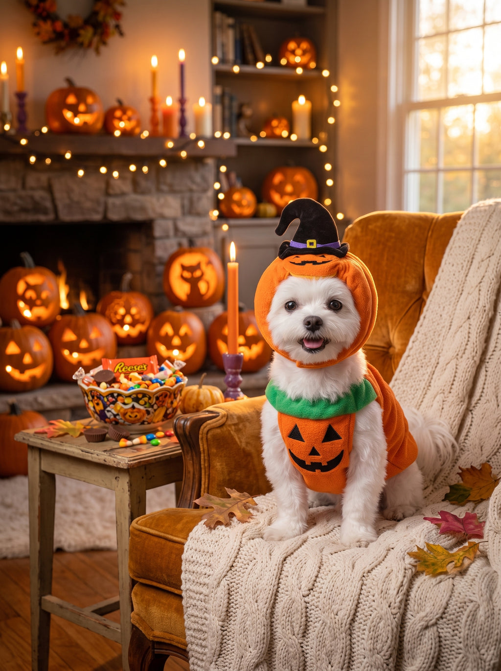 White dog in the pumpkin vest in a cozy Halloween living room