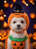 Close-up of the pumpkin hood with black witch hat