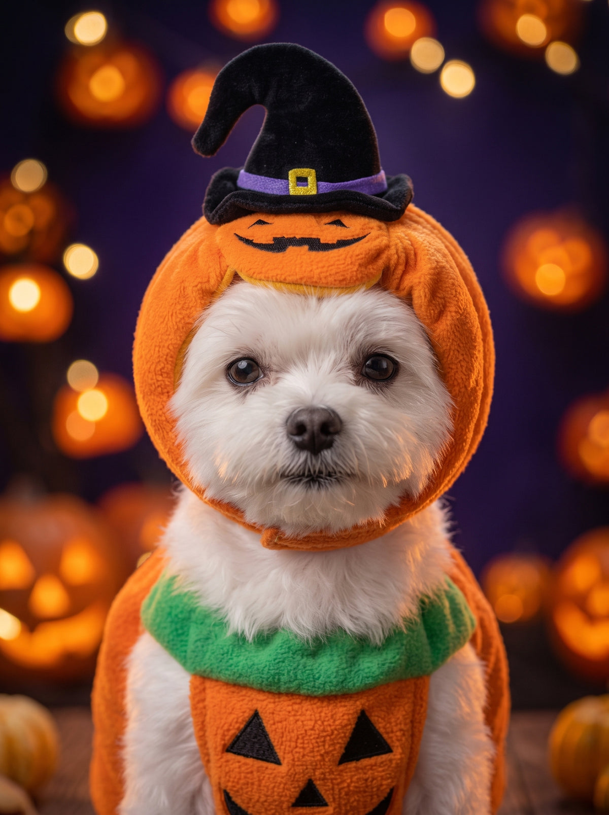 Close-up of the pumpkin hood with black witch hat