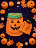 Pumpkin vest and hood flat lay with mini pumpkins, leaves and candles