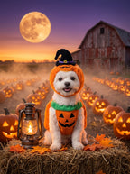 Dog in the pumpkin vest on a hay bale in a pumpkin patch at dusk